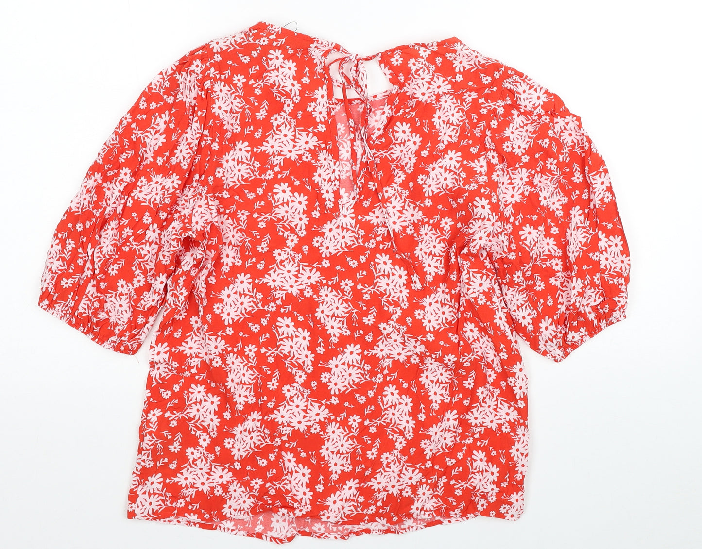 Marks and Spencer Womens Red Floral Viscose Basic Blouse Size 8 Scoop Neck