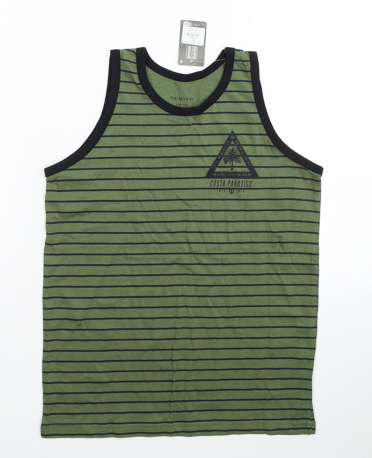 Primark Boys Green Striped Cotton Basic Tank Size 9-10 Years Scoop Neck Pullover - Costa Paradiso