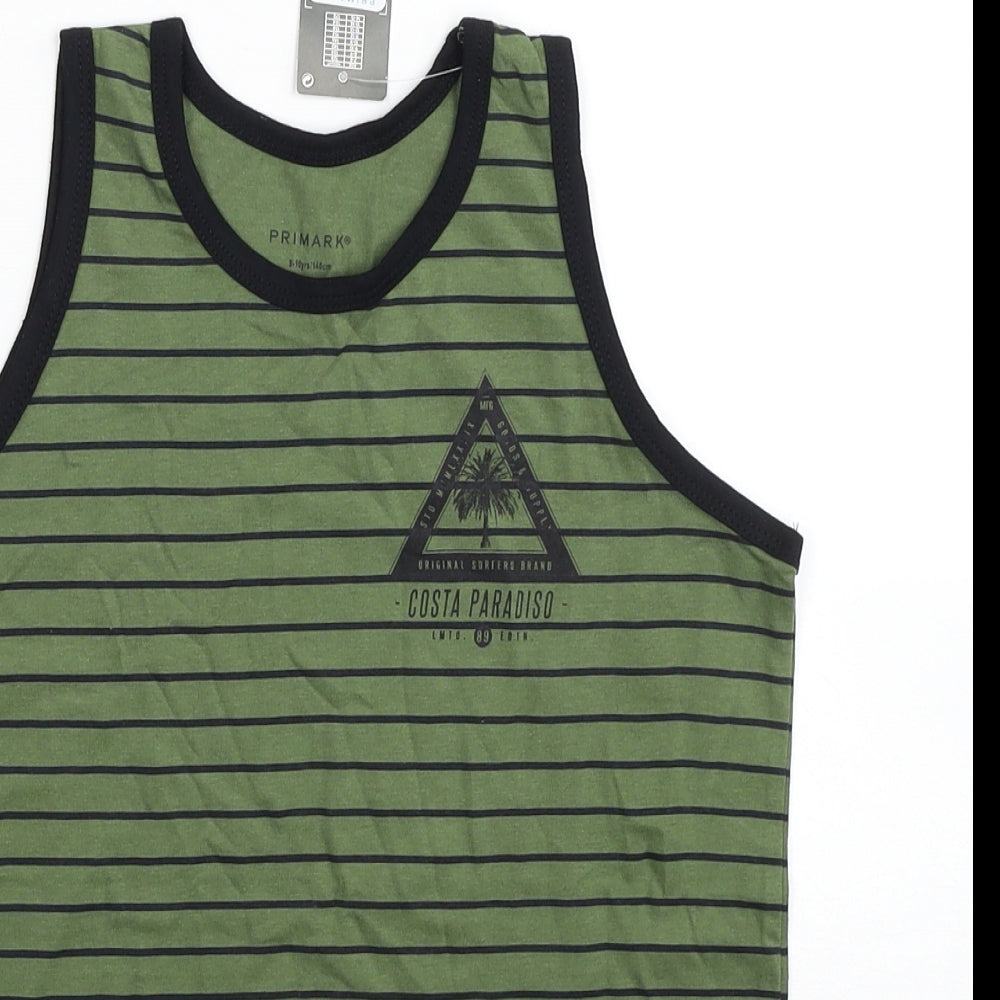 Primark Boys Green Striped Cotton Basic Tank Size 9-10 Years Scoop Neck Pullover - Costa Paradiso