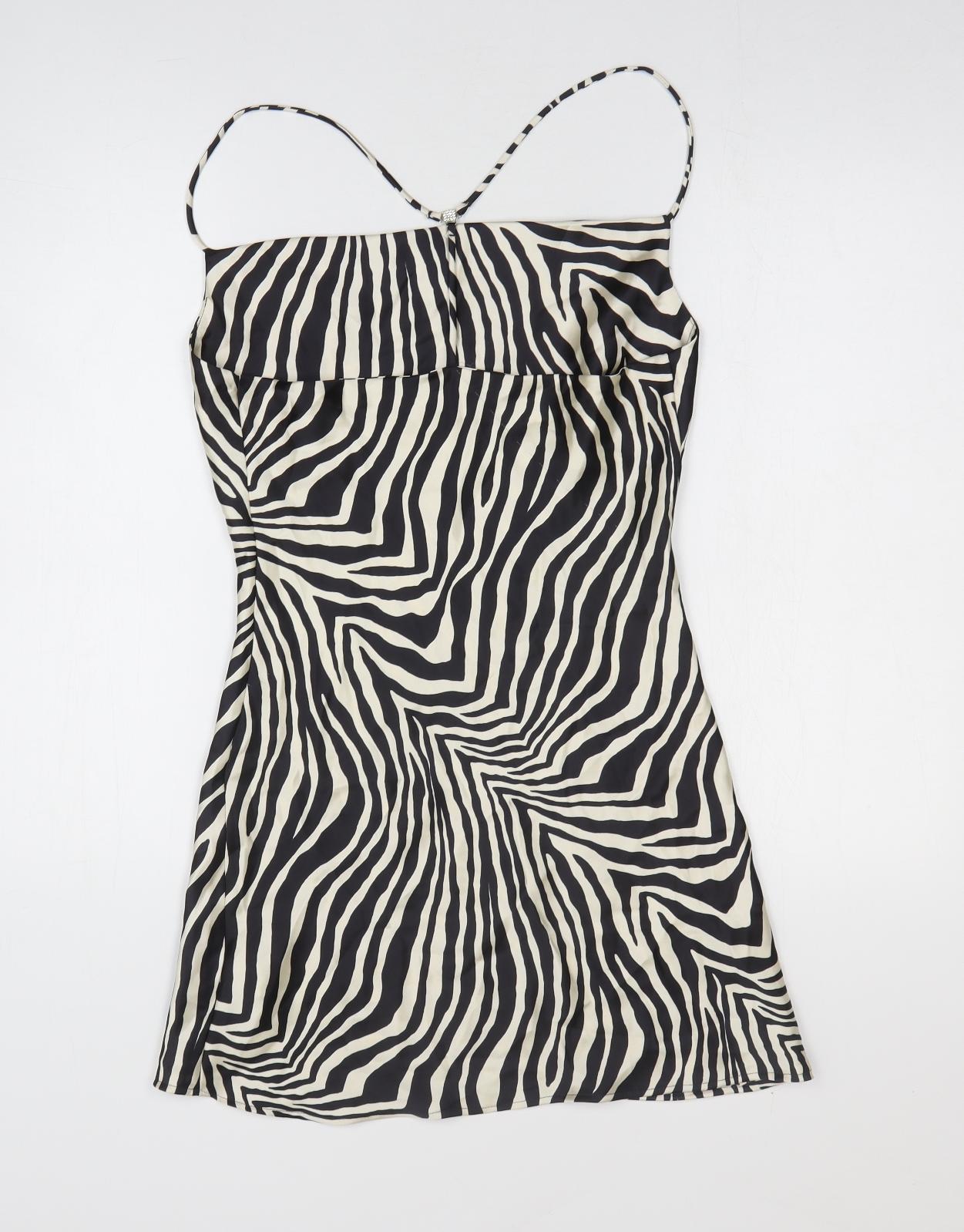 Zara Womens Black Animal Print Polyester Mini Size S Off the Shoulder Pullover - Zebra Print