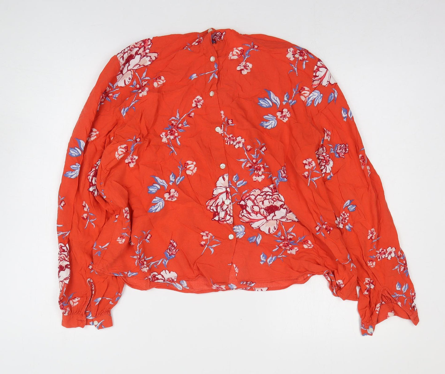Preworn Womens Orange Floral Viscose Basic T-Shirt Size M Round Neck