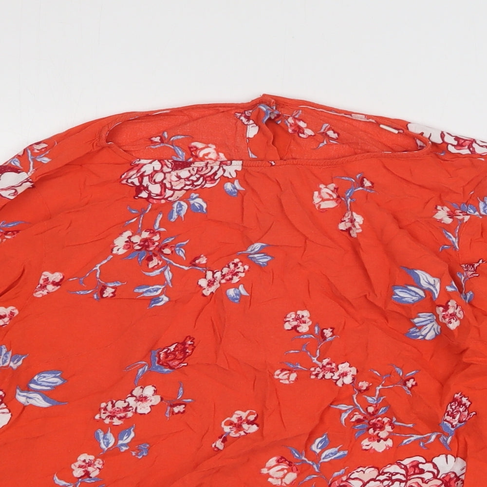 Preworn Womens Orange Floral Viscose Basic T-Shirt Size M Round Neck