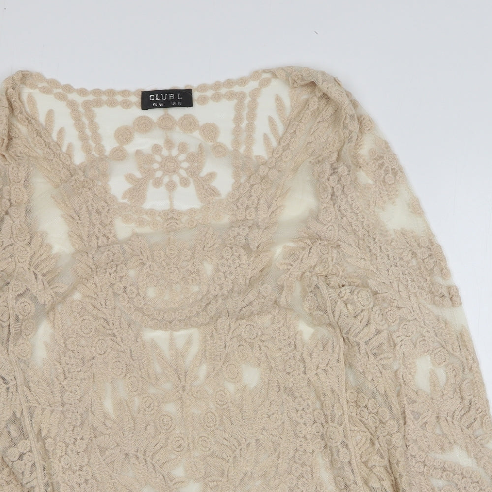 Club L Womens Beige Floral Polyester Basic T-Shirt Size 18 Scoop Neck