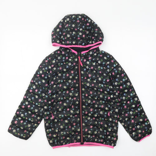 Marks and Spencer Girls Black Floral Puffer Jacket Coat Size 7-8 Years Zip