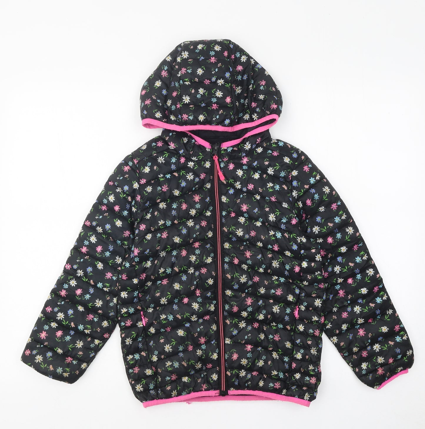 Marks and Spencer Girls Black Floral Puffer Jacket Coat Size 7-8 Years Zip