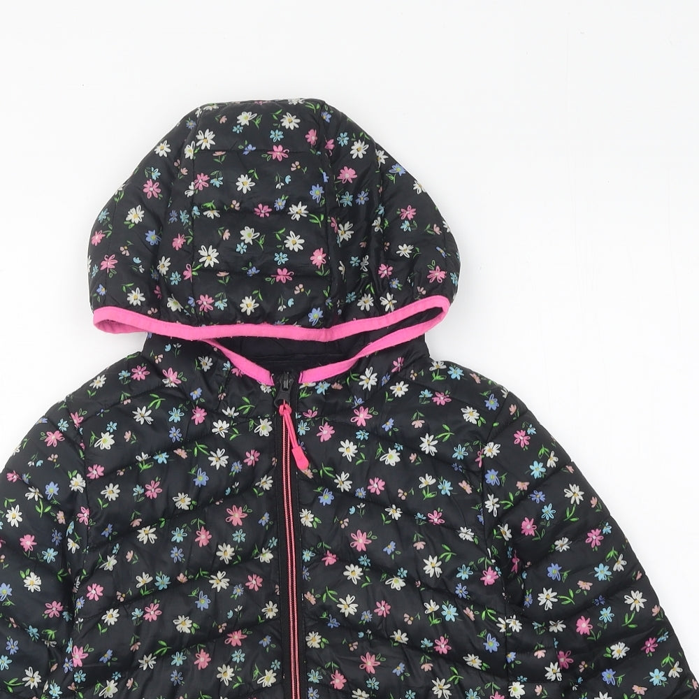 Marks and Spencer Girls Black Floral Puffer Jacket Coat Size 7-8 Years Zip