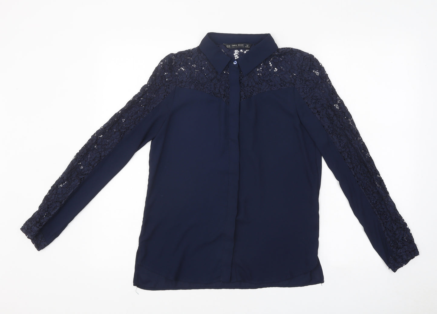 Zara Womens Blue Polyester Jersey Button-Up Size S Collared