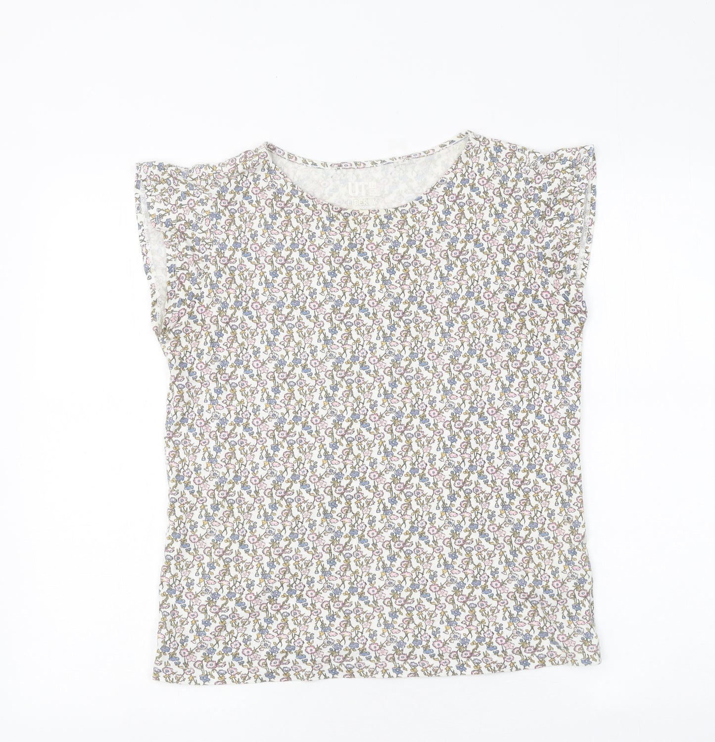 TU Womens White Floral Polyester Basic T-Shirt Size S Round Neck