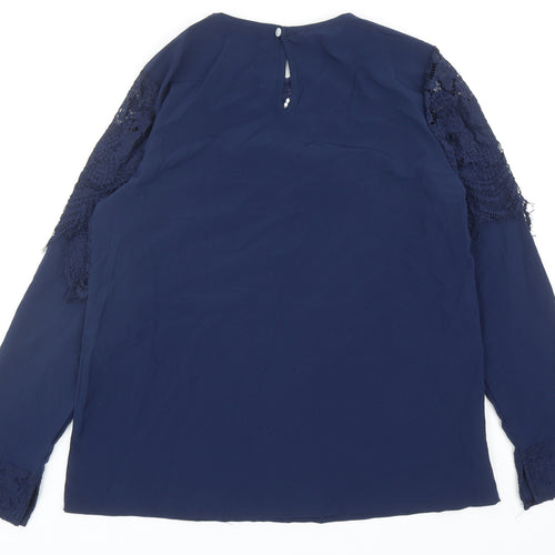 Preworn Womens Blue Polyester Basic Blouse Size M Round Neck - Lace Detail