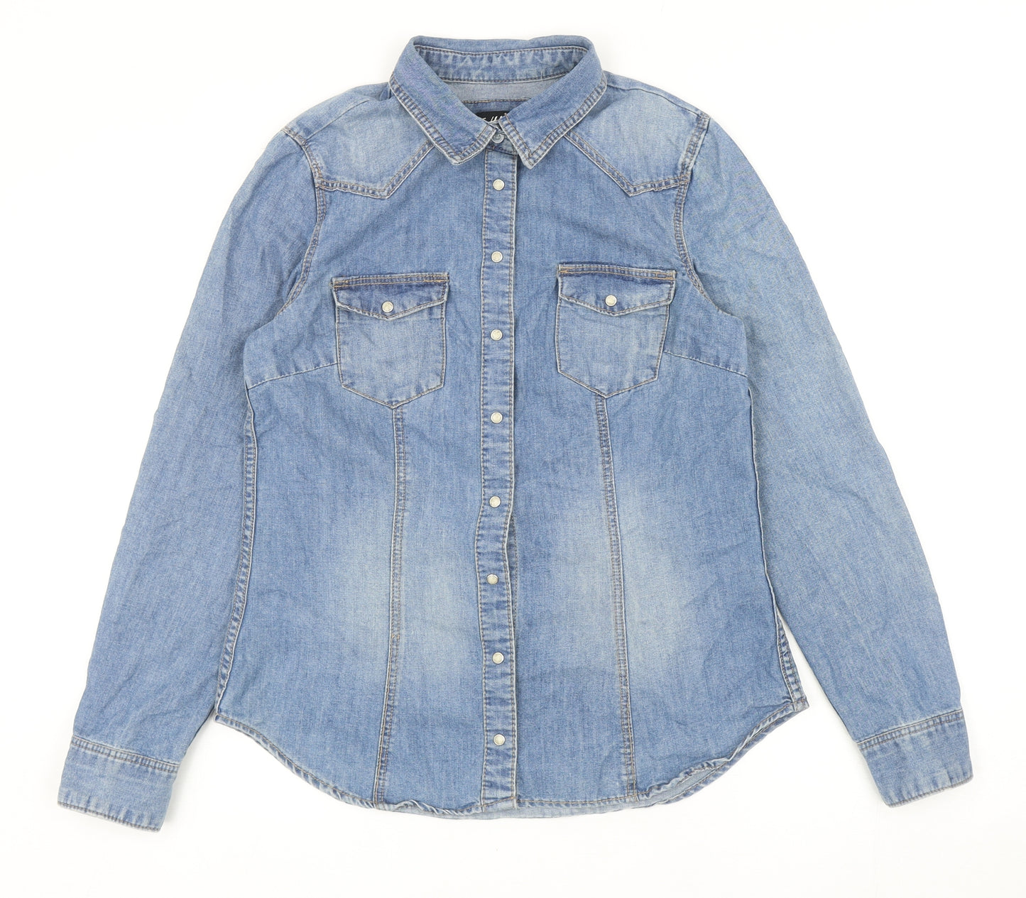 H&M Womens Blue Cotton Basic Button-Up Size 10 Collared