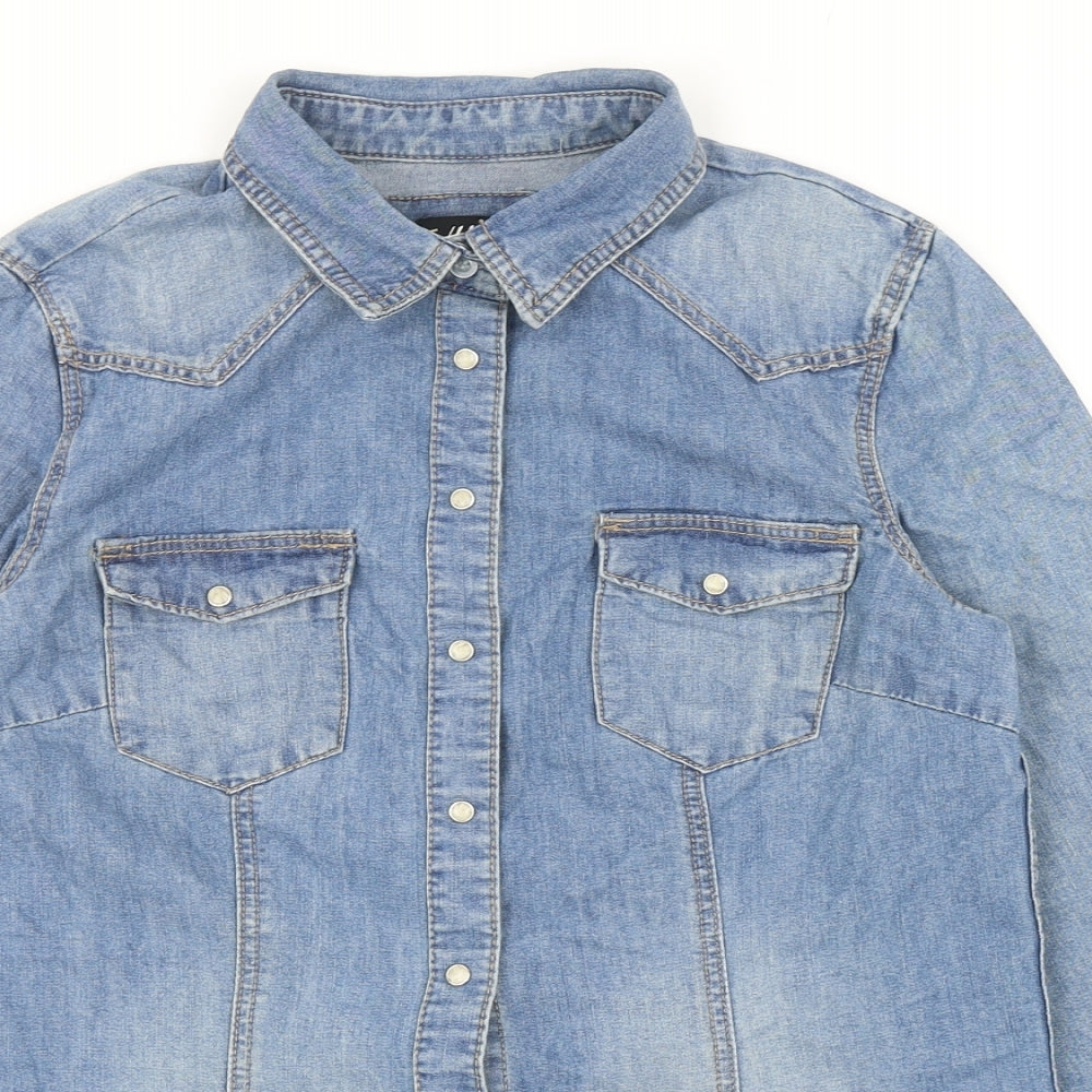 H&M Womens Blue Cotton Basic Button-Up Size 10 Collared
