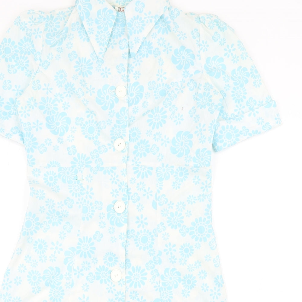 C&A Womens Blue Floral Cotton Shirt Dress Size 12 Collared Button