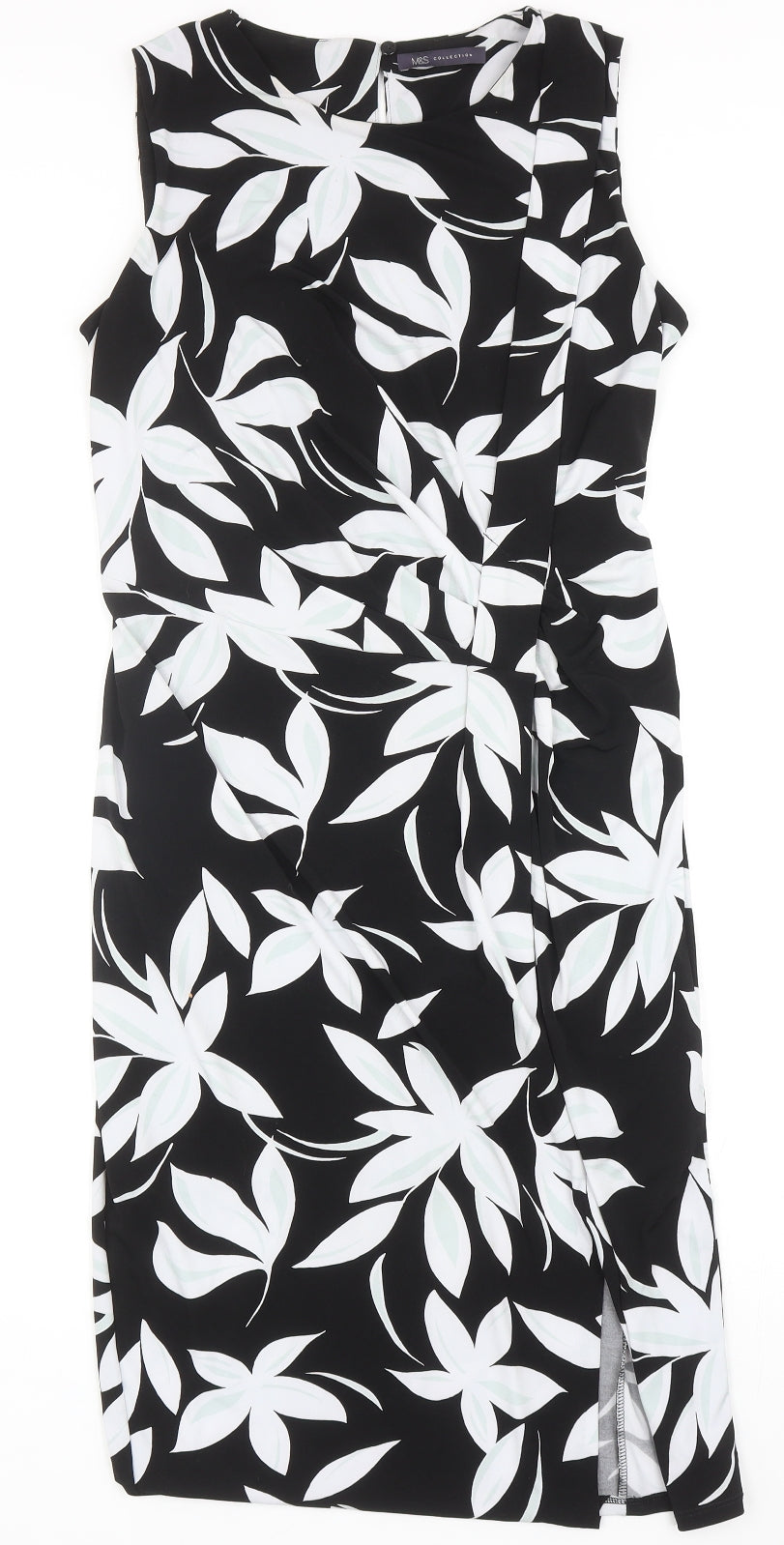 Marks and Spencer Womens Black Floral Polyester Pencil Dress Size 12 Boat Neck Button