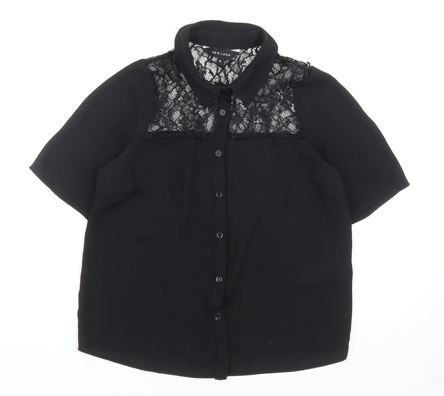 New Look Womens Black Polyester Basic Button-Up Size 6 Collared - Lace Detail