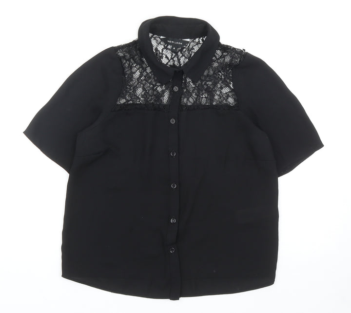 New Look Womens Black Polyester Basic Button-Up Size 6 Collared - Lace Detail