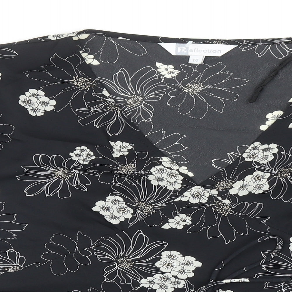 Reflection Womens Black Floral Polyester Basic Blouse Size 14 V-Neck