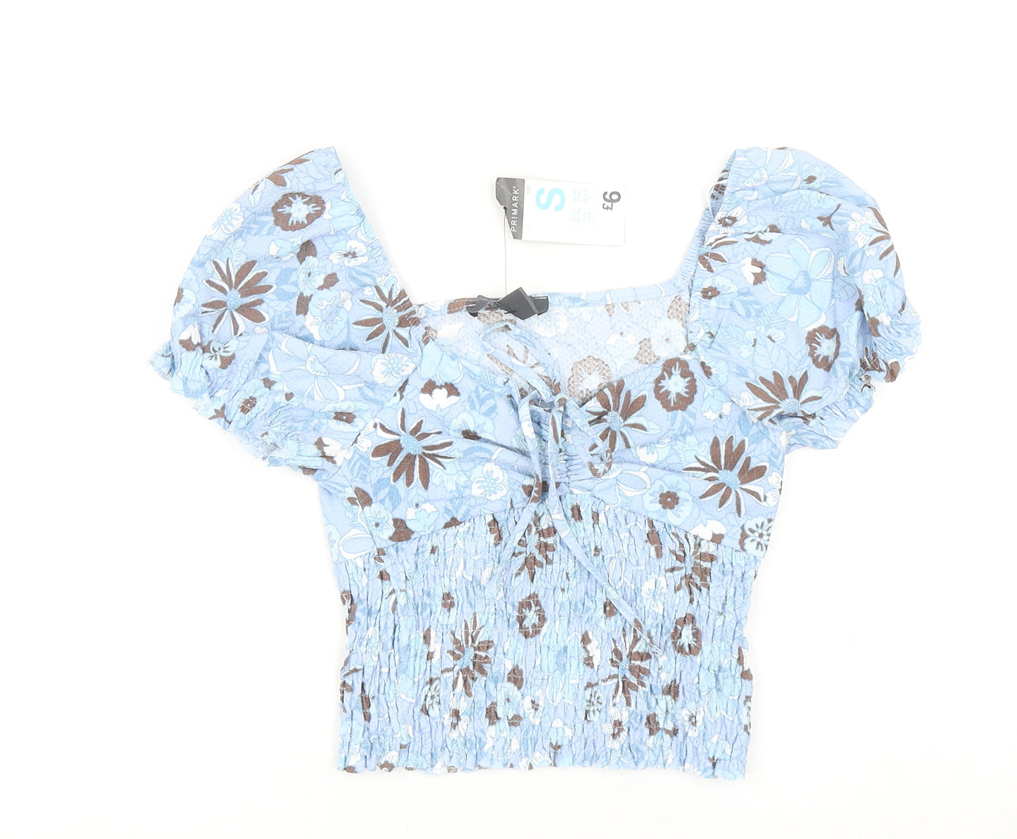 Primark Womens Blue Floral Polyester Cropped Blouse Size S V-Neck - Ruched Front