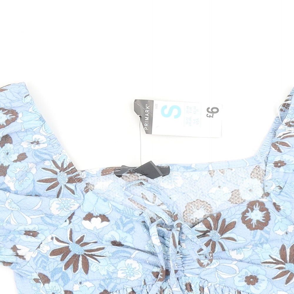 Primark Womens Blue Floral Polyester Cropped Blouse Size S V-Neck - Ruched Front
