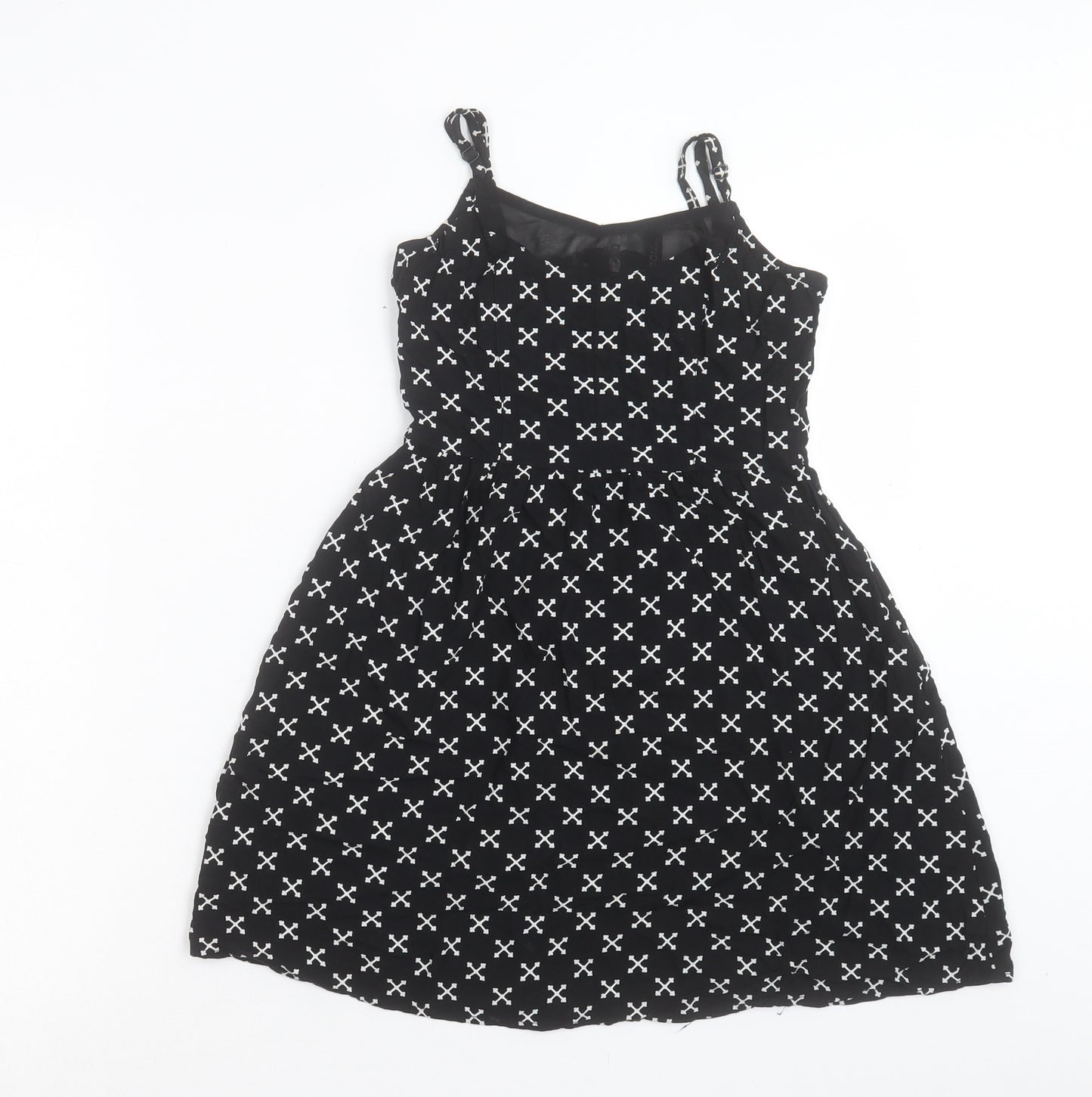 H&M Womens Black Geometric Viscose A-Line Size 6 Boat Neck Zip - Cross Bones Pattern
