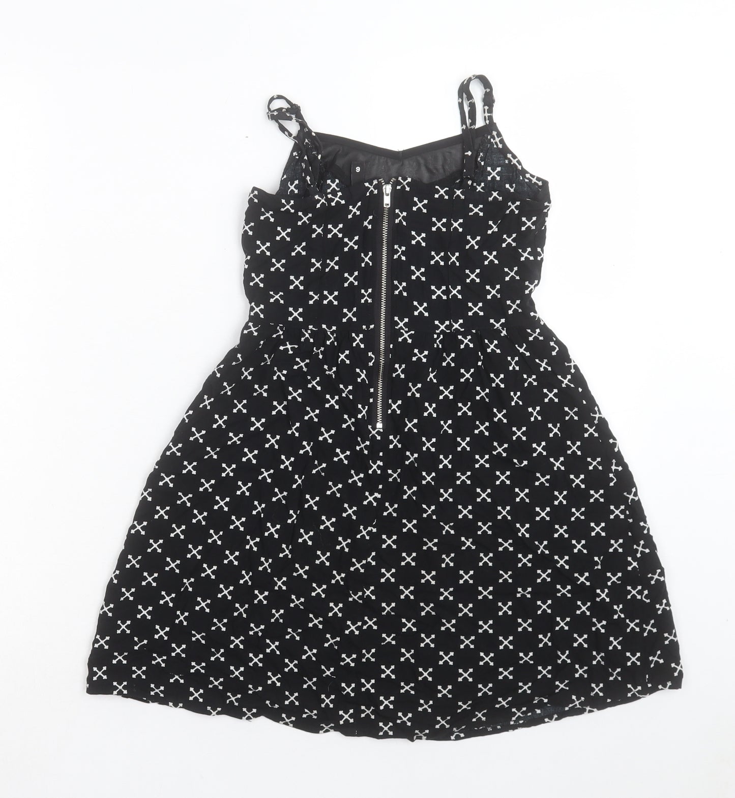 H&M Womens Black Geometric Viscose A-Line Size 6 Boat Neck Zip - Cross Bones Pattern