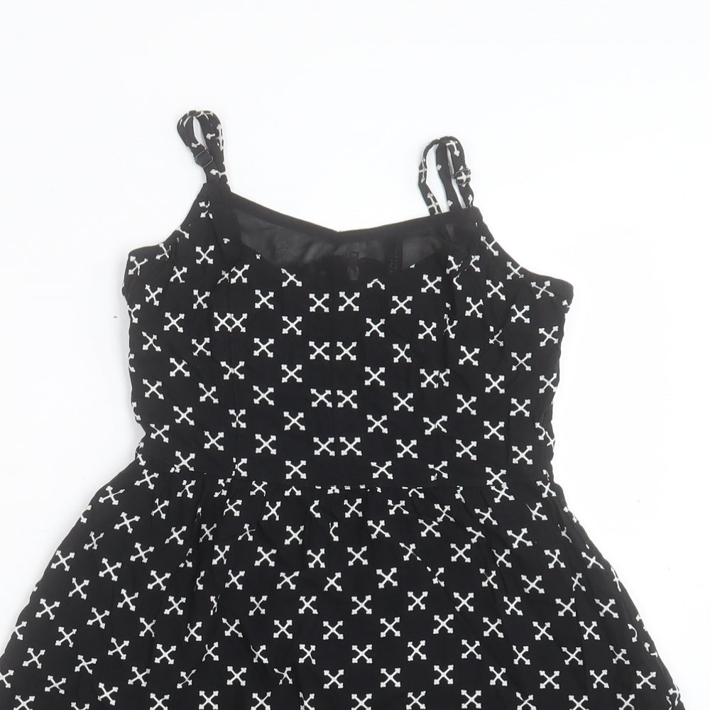 H&M Womens Black Geometric Viscose A-Line Size 6 Boat Neck Zip - Cross Bones Pattern