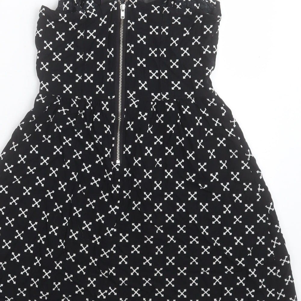 H&M Womens Black Geometric Viscose A-Line Size 6 Boat Neck Zip - Cross Bones Pattern