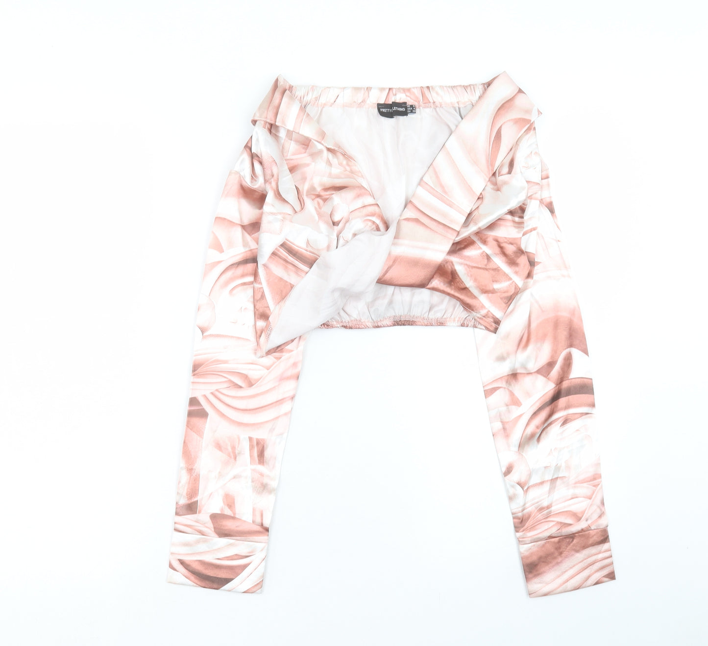 PRETTYLITTLETHING Womens Pink Geometric Polyester Cropped Blouse Size 8 V-Neck - Twist Front