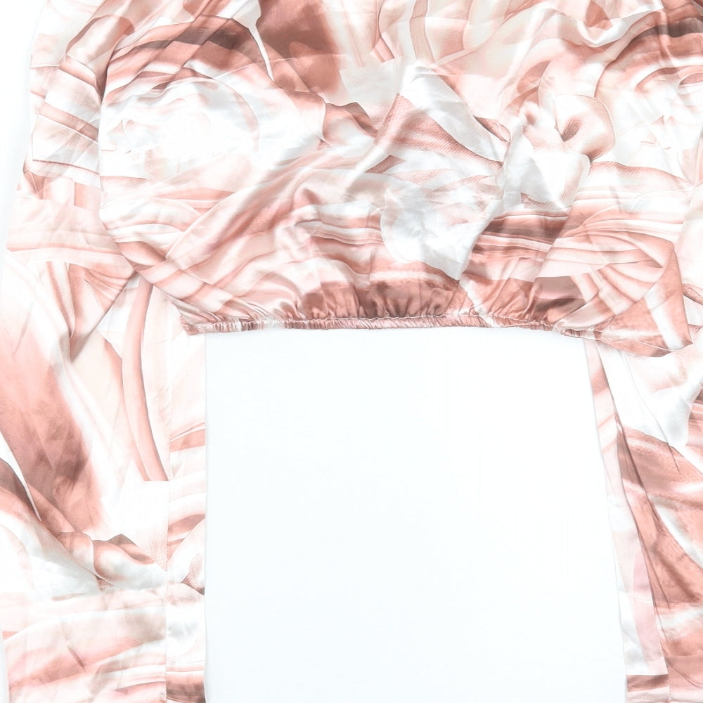 PRETTYLITTLETHING Womens Pink Geometric Polyester Cropped Blouse Size 8 V-Neck - Twist Front