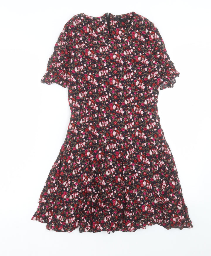 H&M Womens Pink Floral Viscose Fit & Flare Size 6 Round Neck Zip