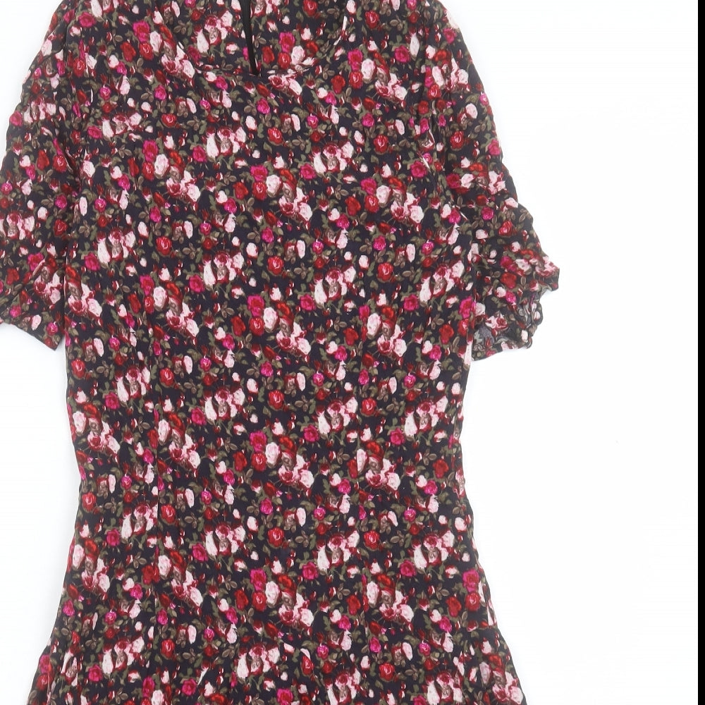 H&M Womens Pink Floral Viscose Fit & Flare Size 6 Round Neck Zip