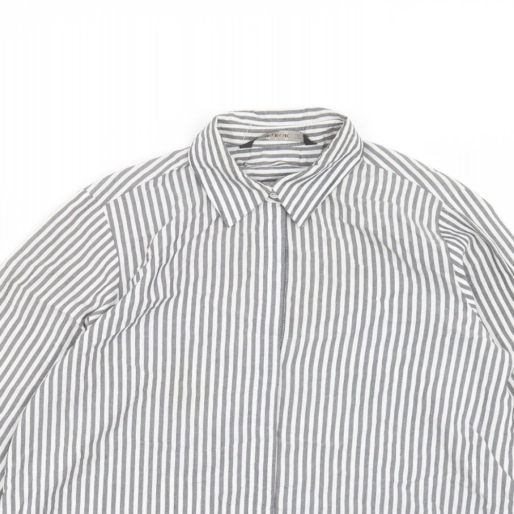 Zara Womens Grey Striped Polyester Basic Button-Up Size M Collared