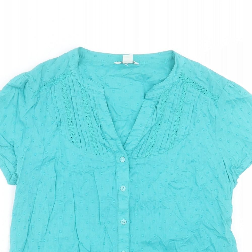 Monsoon Womens Blue Cotton Basic Button-Up Size 12 V-Neck