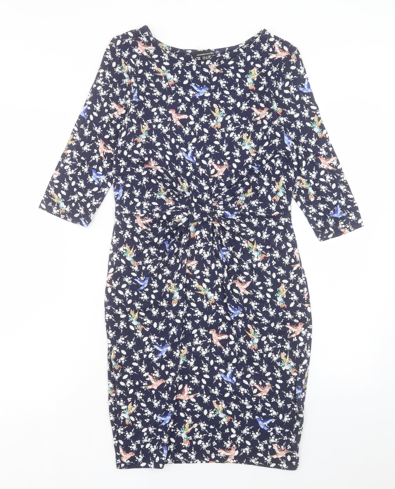 Warehouse Womens Blue Geometric Viscose Shift Size 14 Boat Neck Pullover - Bird pattern Twist front