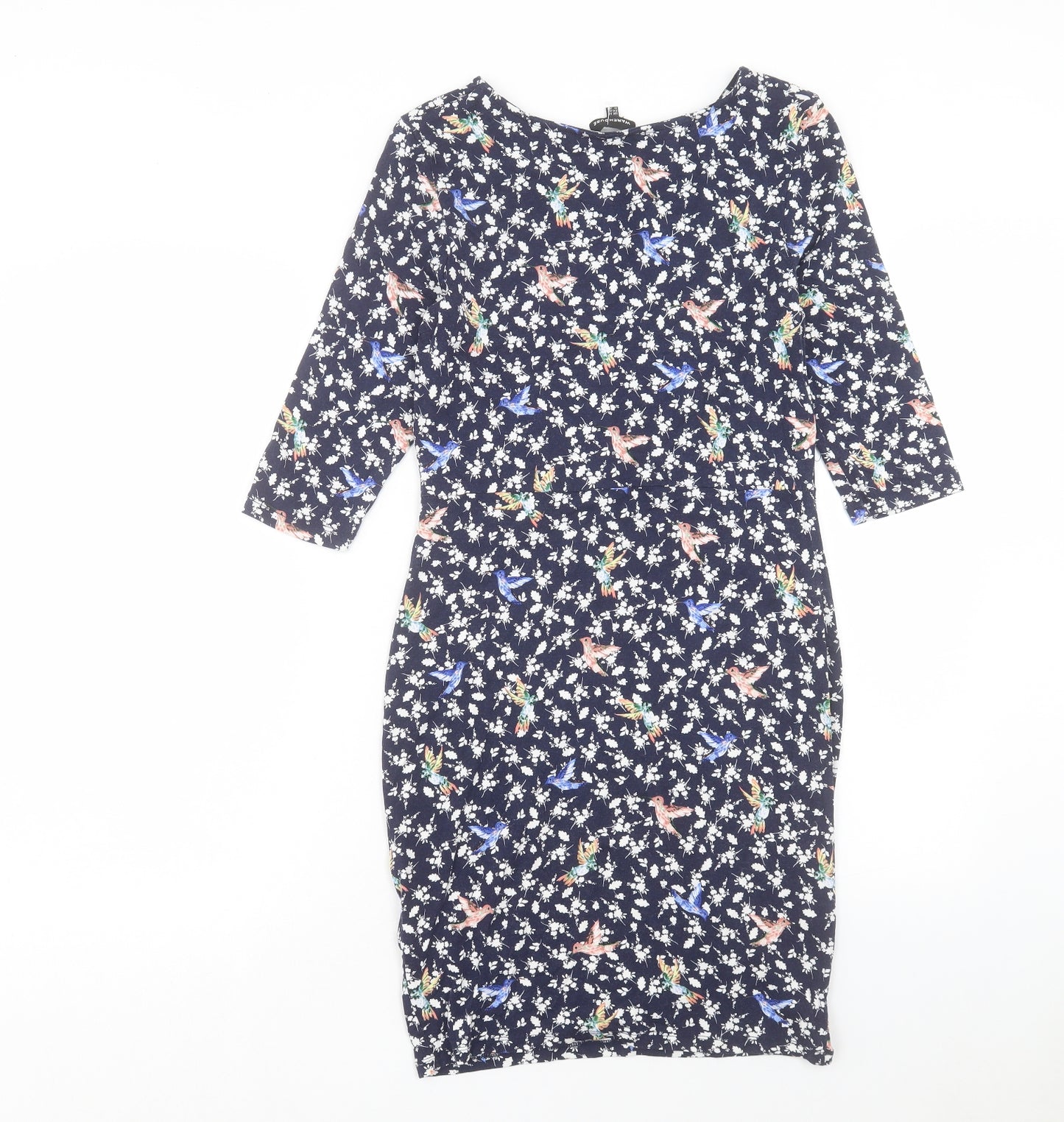 Warehouse Womens Blue Geometric Viscose Shift Size 14 Boat Neck Pullover - Bird pattern Twist front