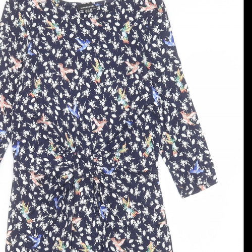 Warehouse Womens Blue Geometric Viscose Shift Size 14 Boat Neck Pullover - Bird pattern Twist front