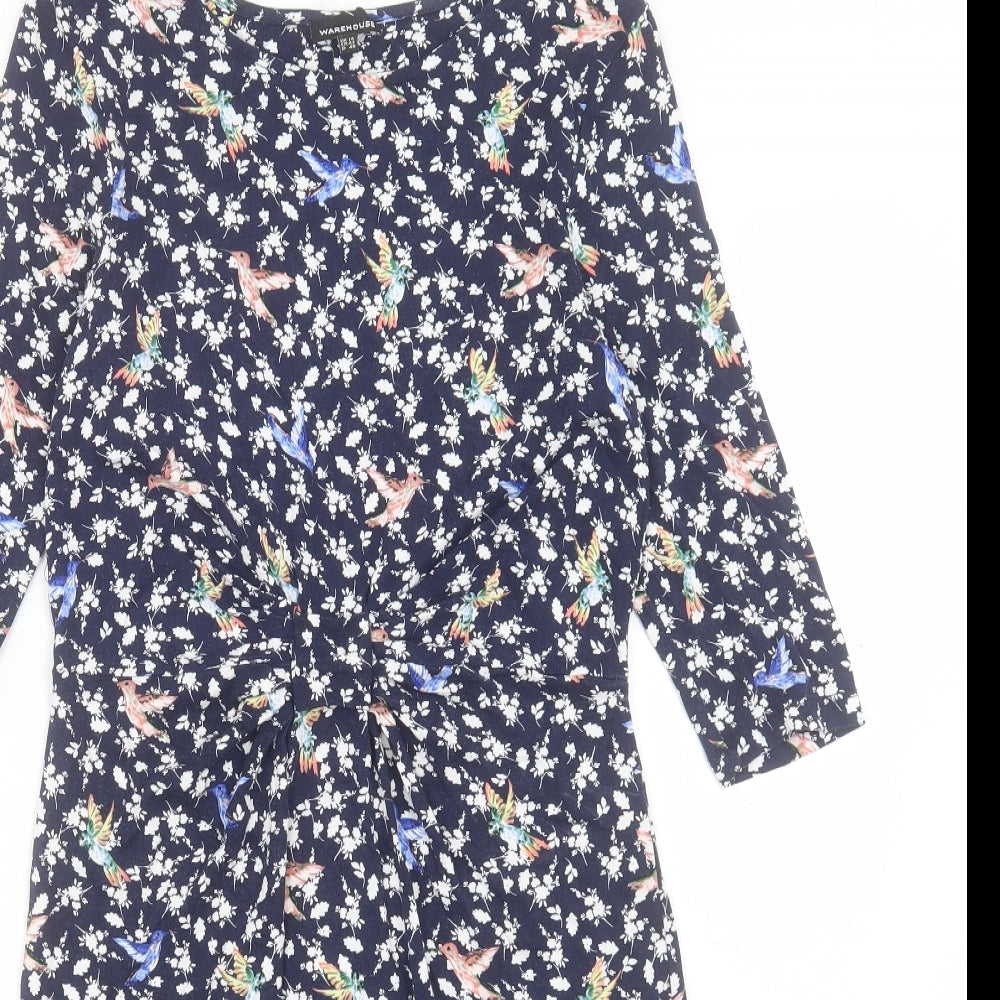 Warehouse Womens Blue Geometric Viscose Shift Size 14 Boat Neck Pullover - Bird pattern Twist front