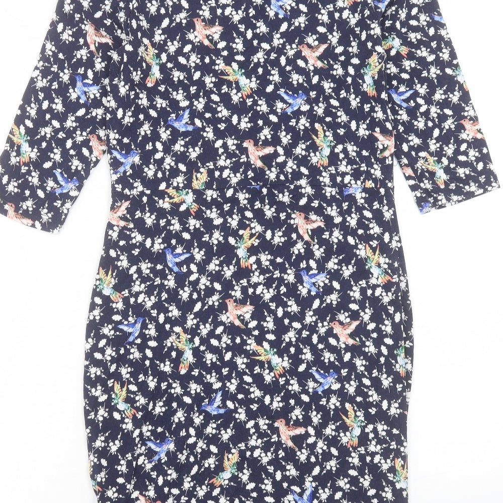 Warehouse Womens Blue Geometric Viscose Shift Size 14 Boat Neck Pullover - Bird pattern Twist front