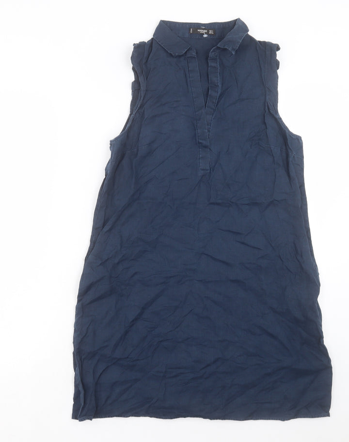 Mango Womens Blue Linen Sheath Size S V-Neck Pullover