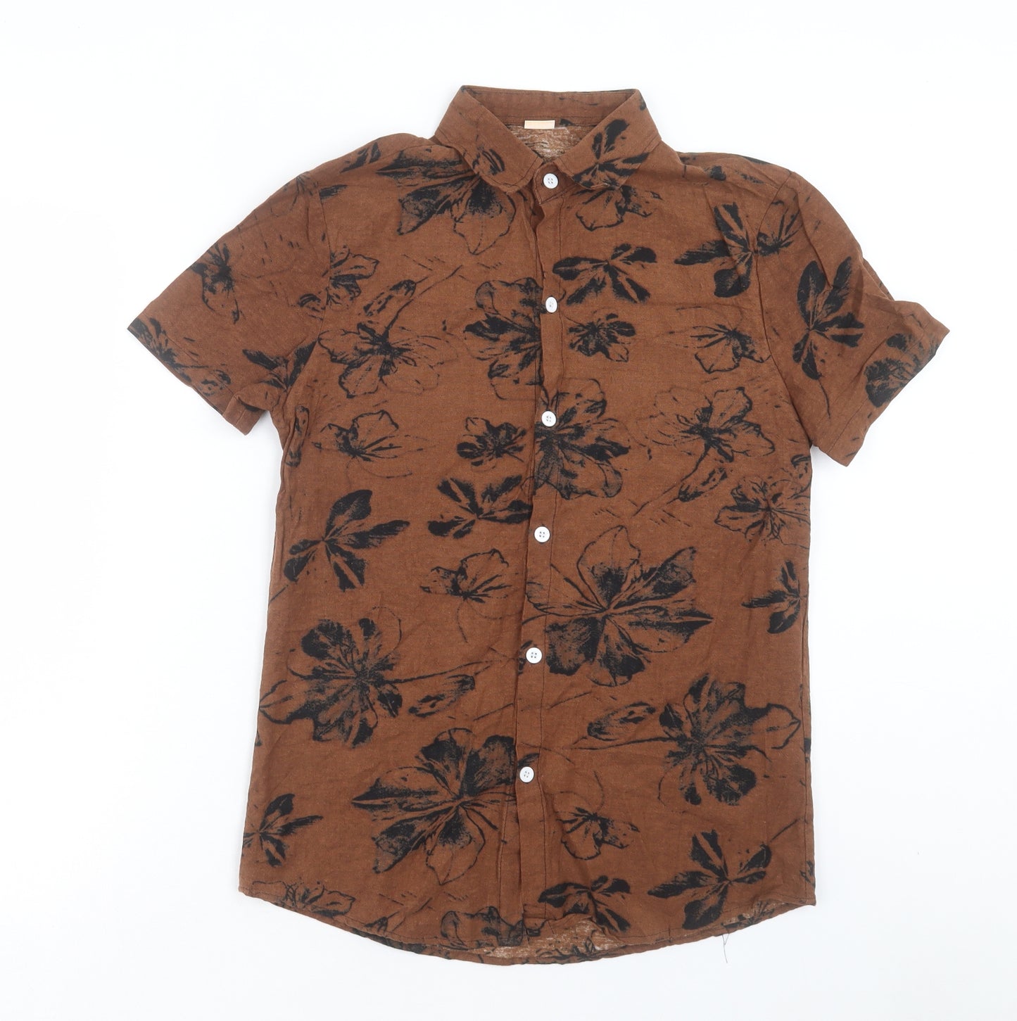 Preworn Mens Brown Geometric Polyester Button-Up Size S Collared Button