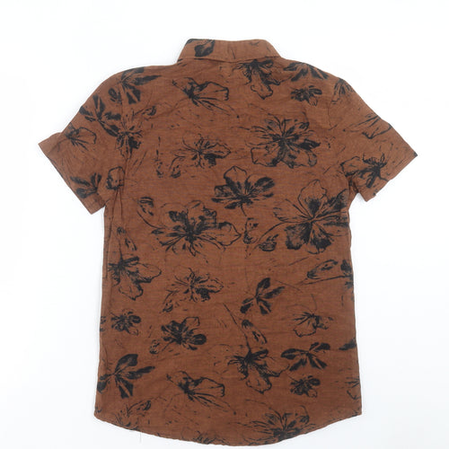 Preworn Mens Brown Geometric Polyester Button-Up Size S Collared Button