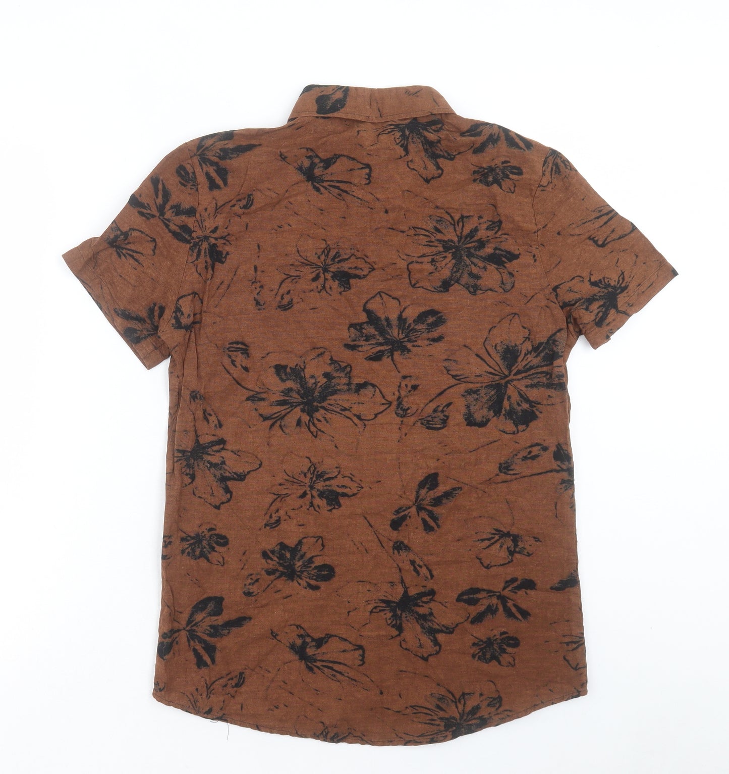 Preworn Mens Brown Geometric Polyester Button-Up Size S Collared Button