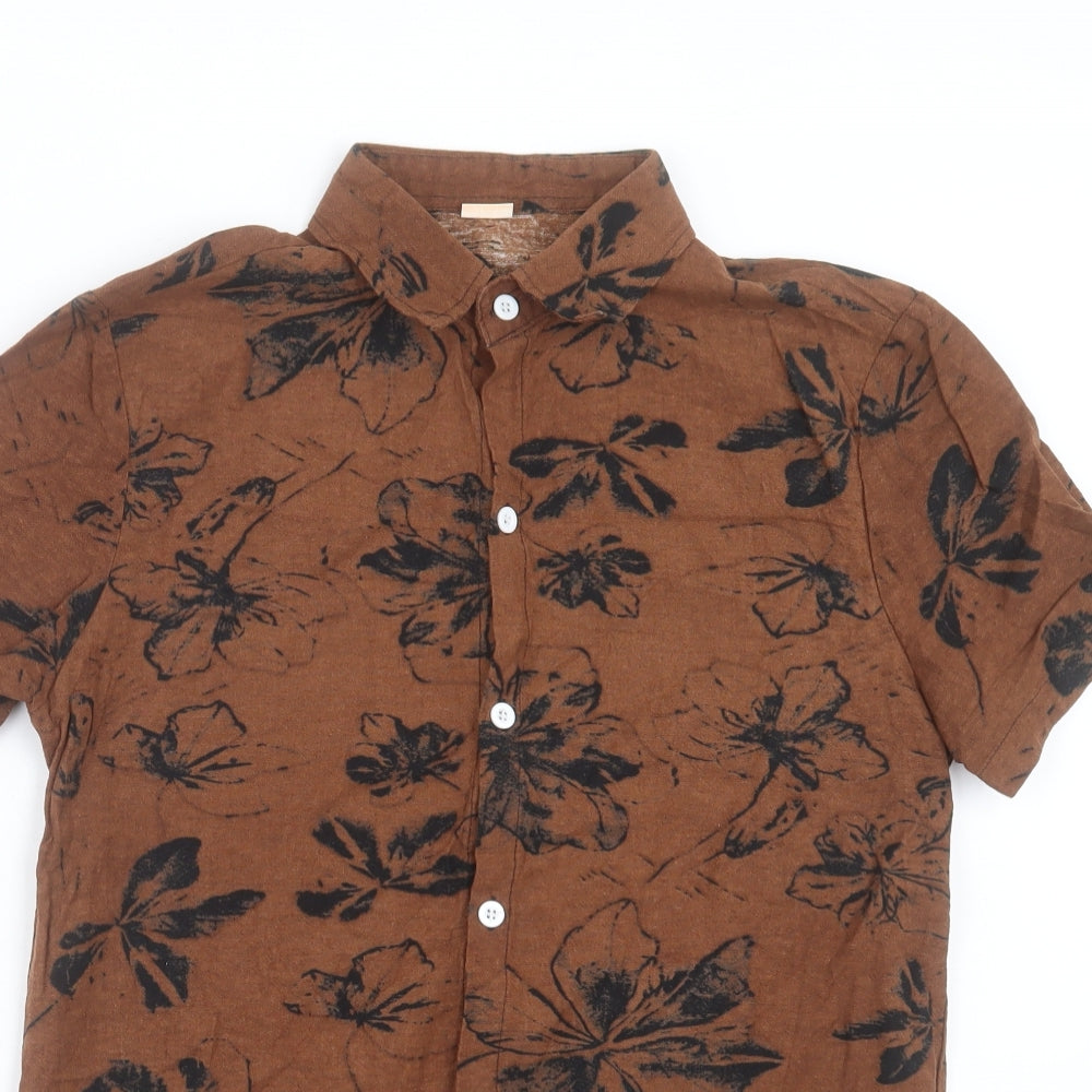 Preworn Mens Brown Geometric Polyester Button-Up Size S Collared Button