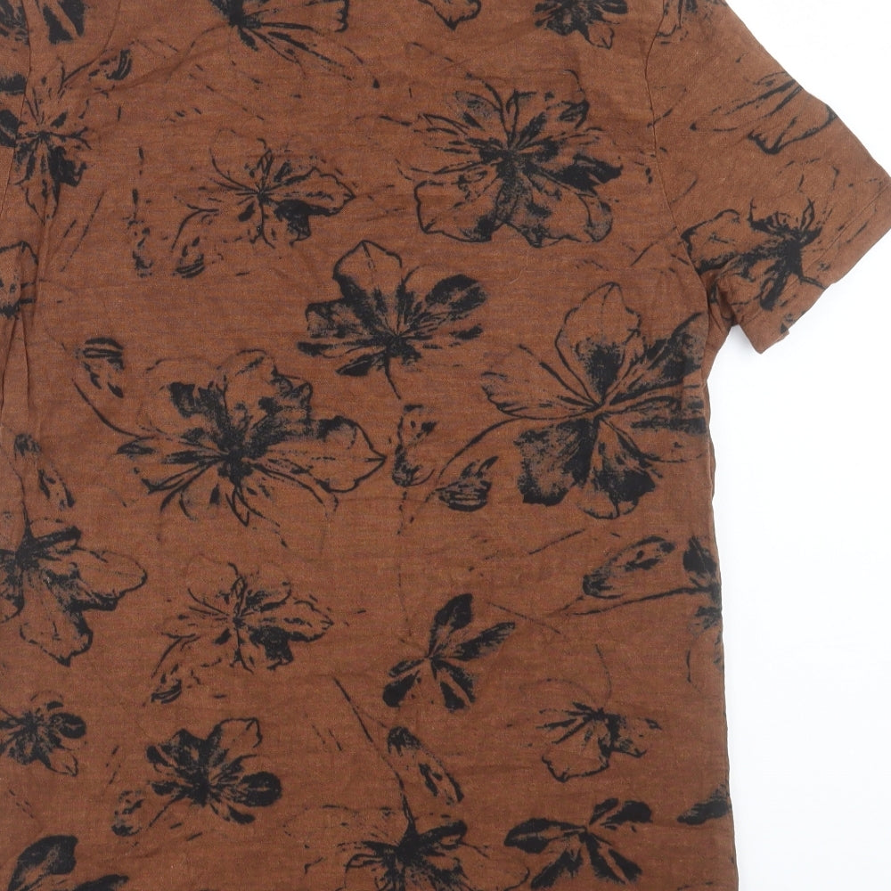 Preworn Mens Brown Geometric Polyester Button-Up Size S Collared Button