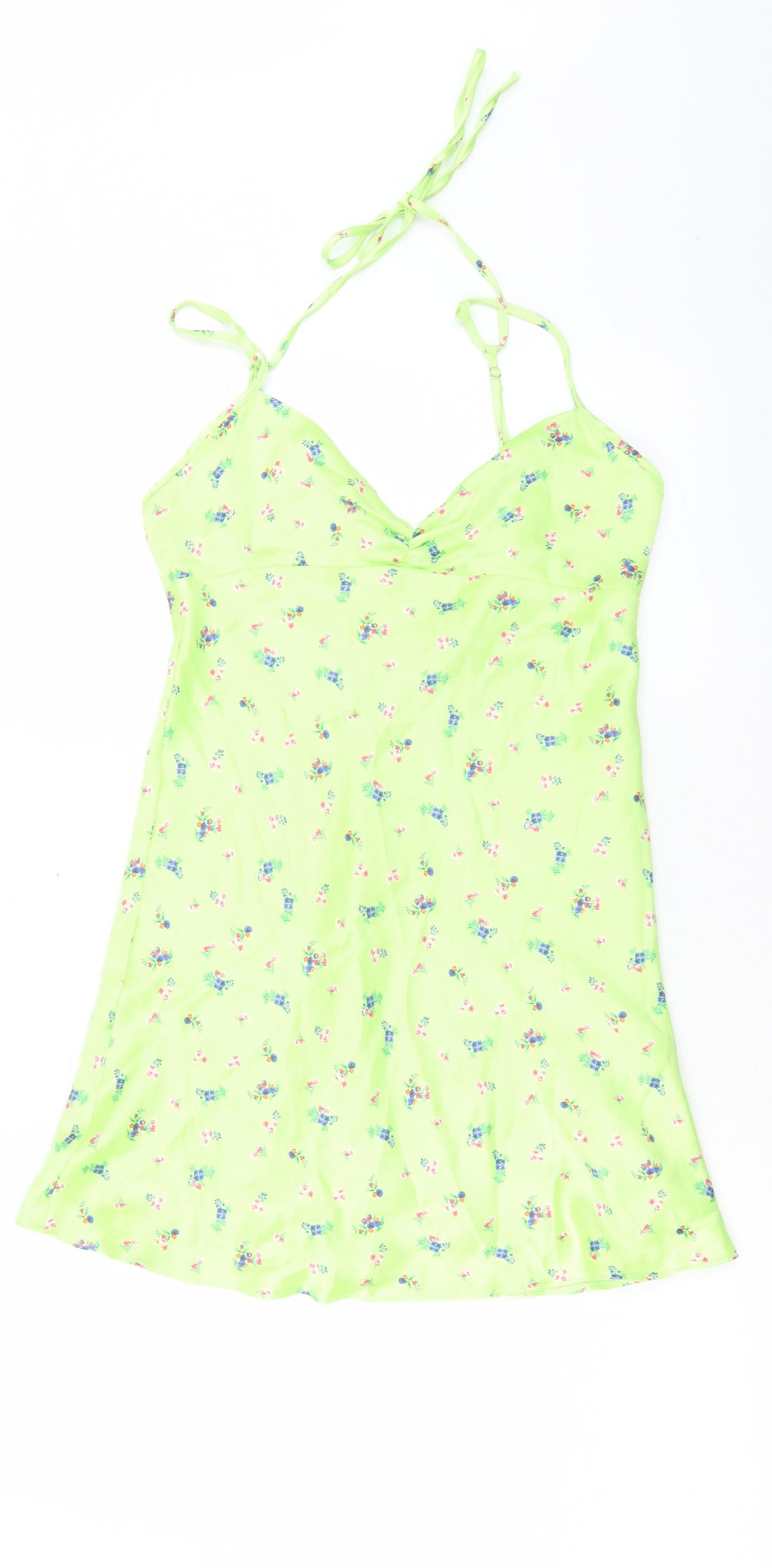 Zara Womens Green Floral Polyester A-Line Size M V-Neck Tie