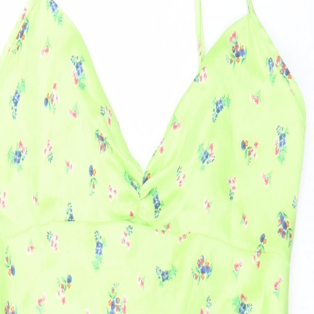 Zara Womens Green Floral Polyester A-Line Size M V-Neck Tie