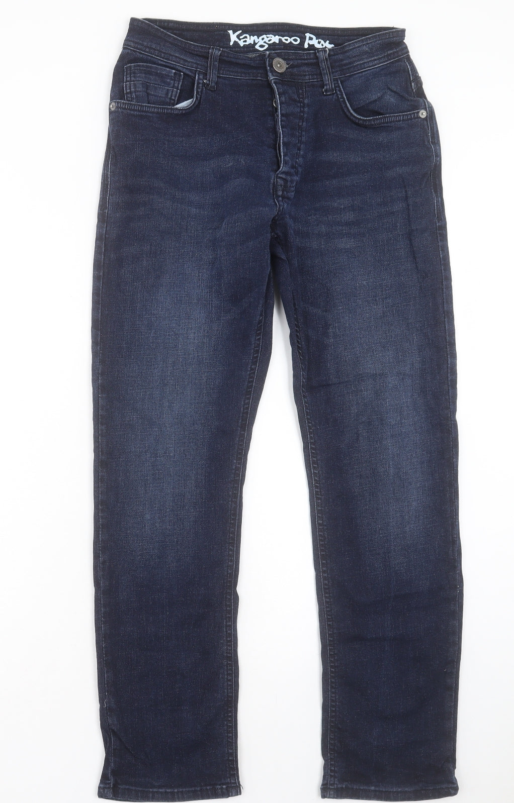 Kangeroo Poo Mens Blue Cotton Straight Jeans Size 30 in L28 in Regular Button - Short Leg