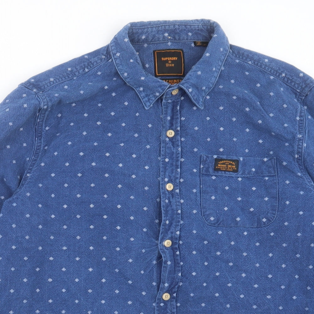 Superdry Mens Blue Geometric Cotton Button-Up Size XL Collared Button