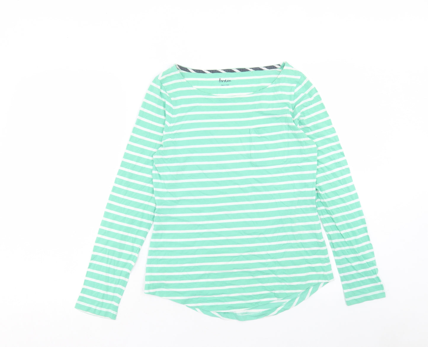 Boden Womens Green Striped Cotton Basic T-Shirt Size 10 Crew Neck - Pocket Detail