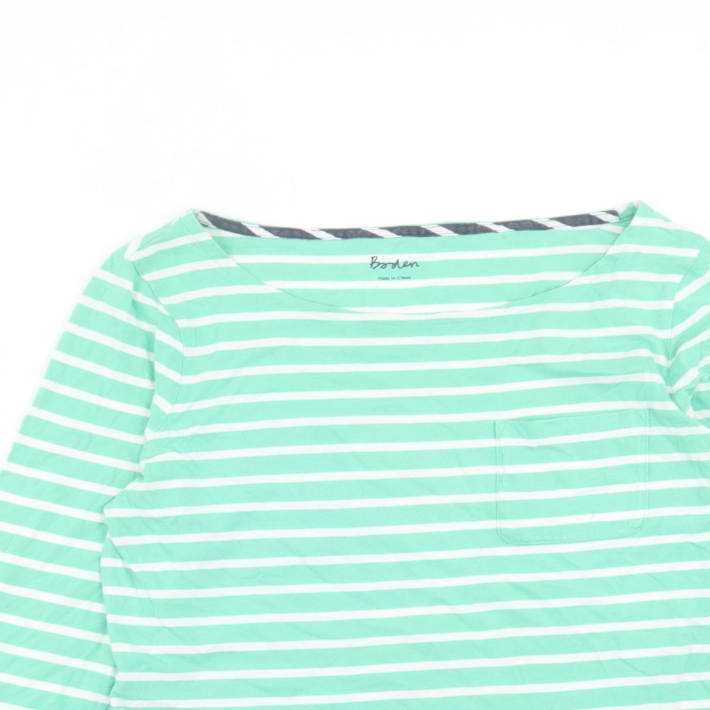Boden Womens Green Striped Cotton Basic T-Shirt Size 10 Crew Neck - Pocket Detail