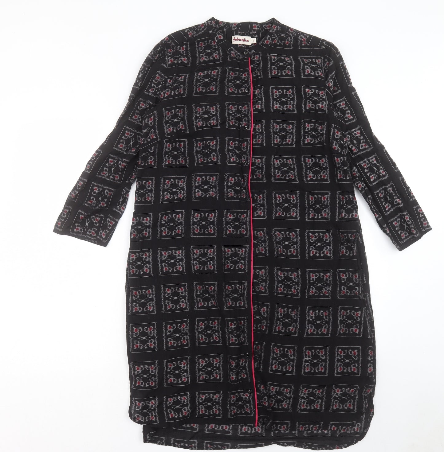 Fabindia Womens Black Geometric Cotton Kaftan Size L Crew Neck Button